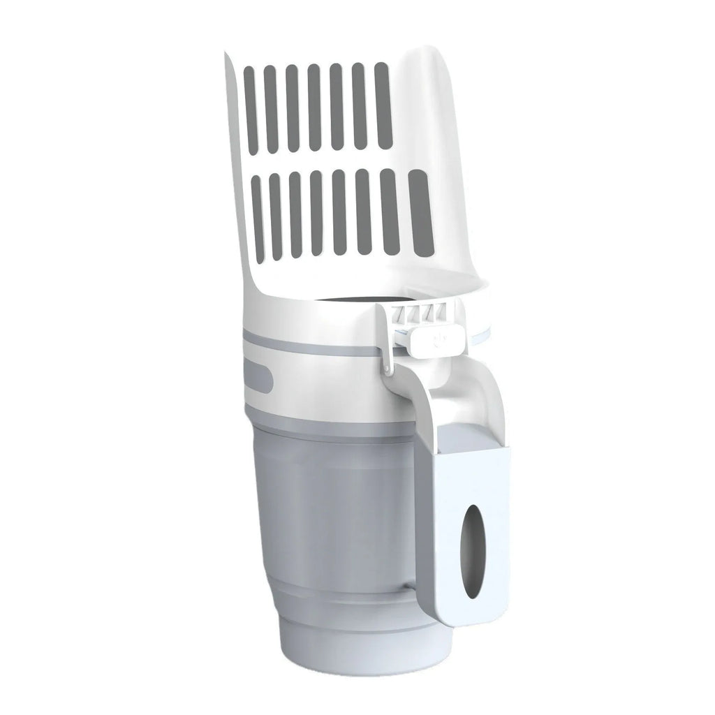 Grey, blue, and green cat litter scoop with attached waste bin and foldable bottom.