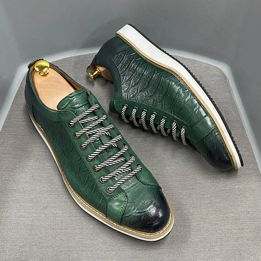 Men's handmade embossed pattern low-top casual shoes in green with front tie laces.