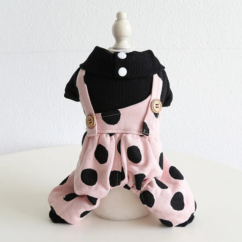 Casual cloth dog clothes showing skirt and four-legged style options in various sizes