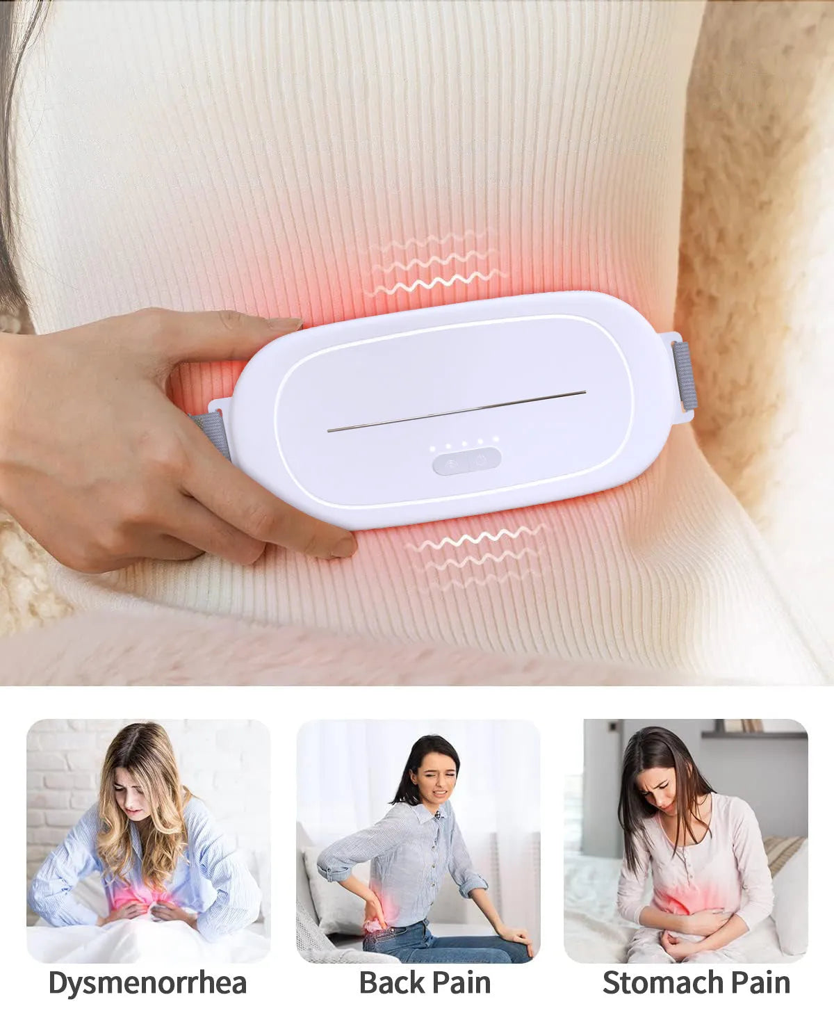 White electric uterine warming device with a soft flannel pad and power cable on a bed.