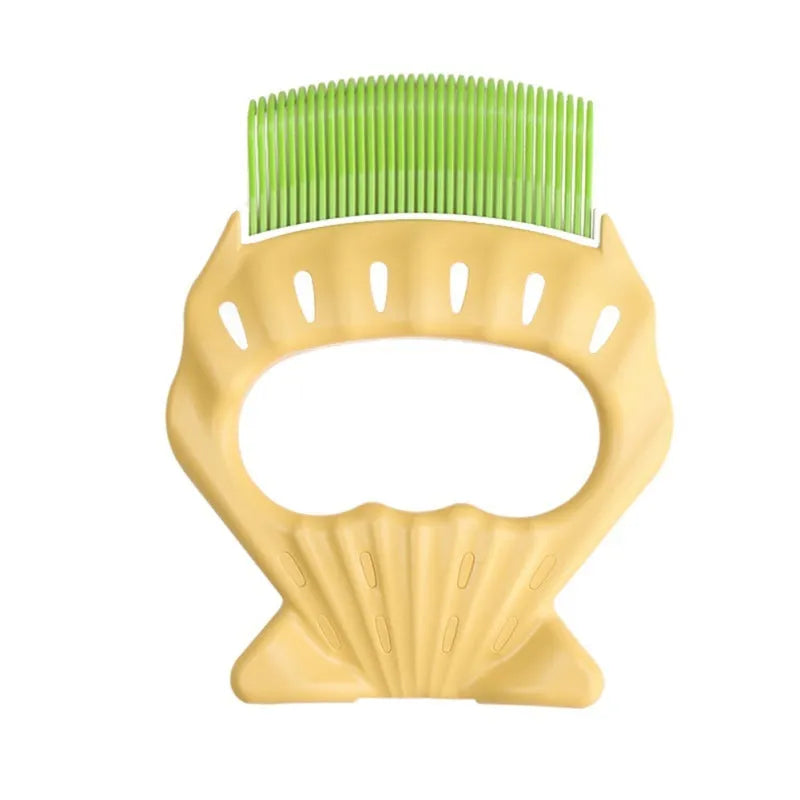 Green shell shaped plastic pet grooming comb with fine bent wire bristles on a white background.