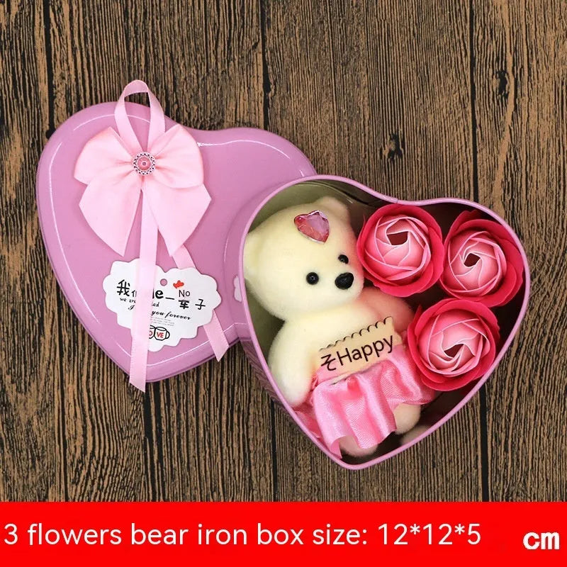 Soap flower gift box heart shaped tin box with bear figure red pink blue purple gradient handmade
