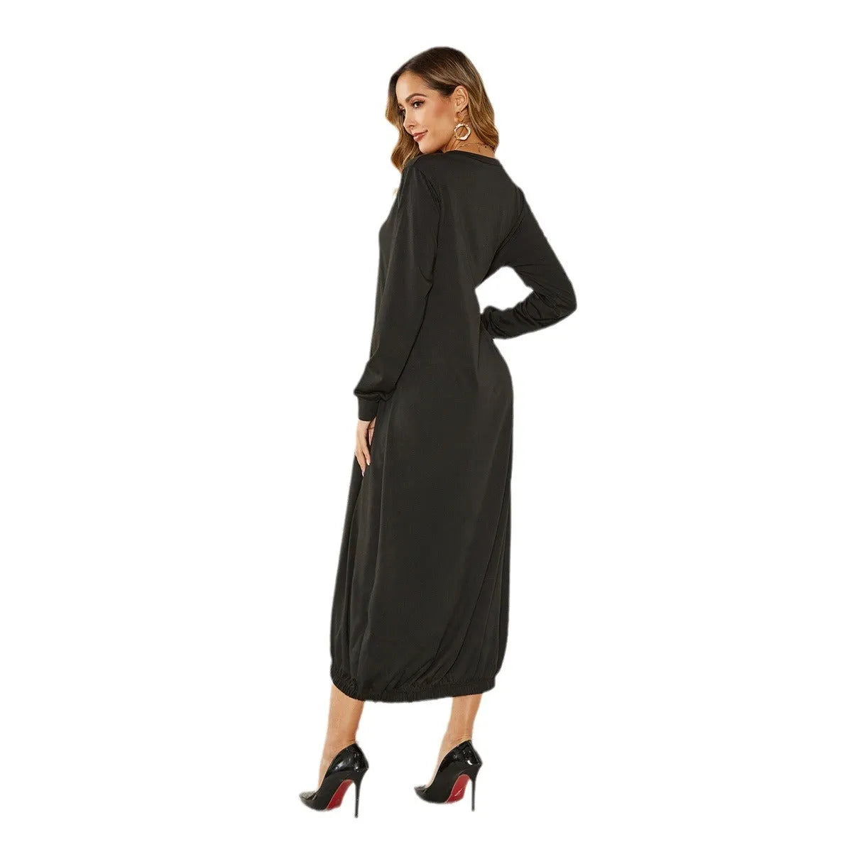 Black lantern dress with lace-up crew neck and loose silhouette casual knit fabric