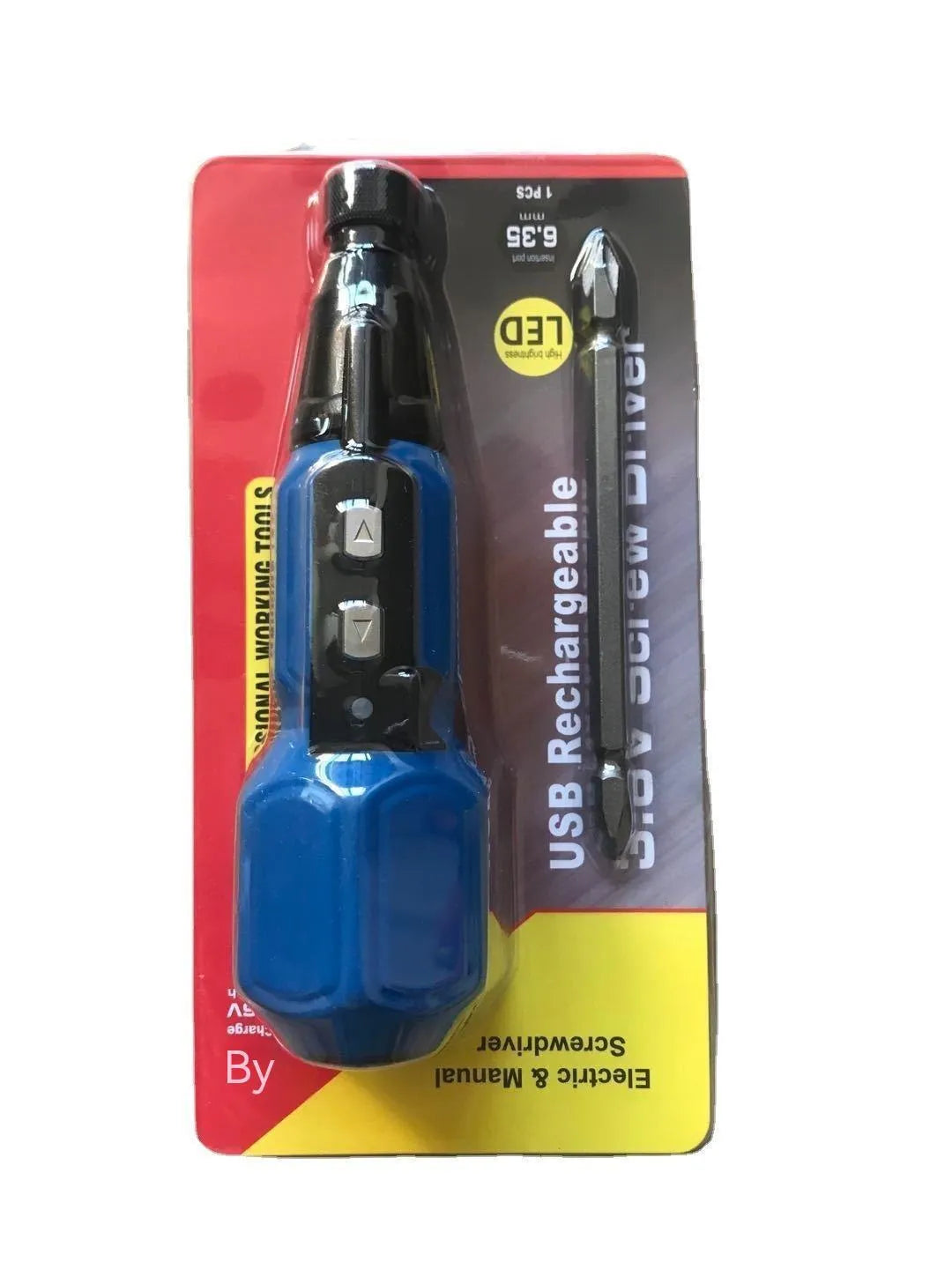 Black and blue alloy steel straight handle cordless electric screwdriver on a workbench.