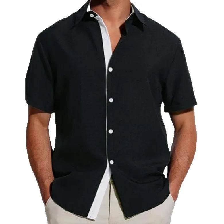 Men's short-sleeved floral print shirt in light business style on a hanger