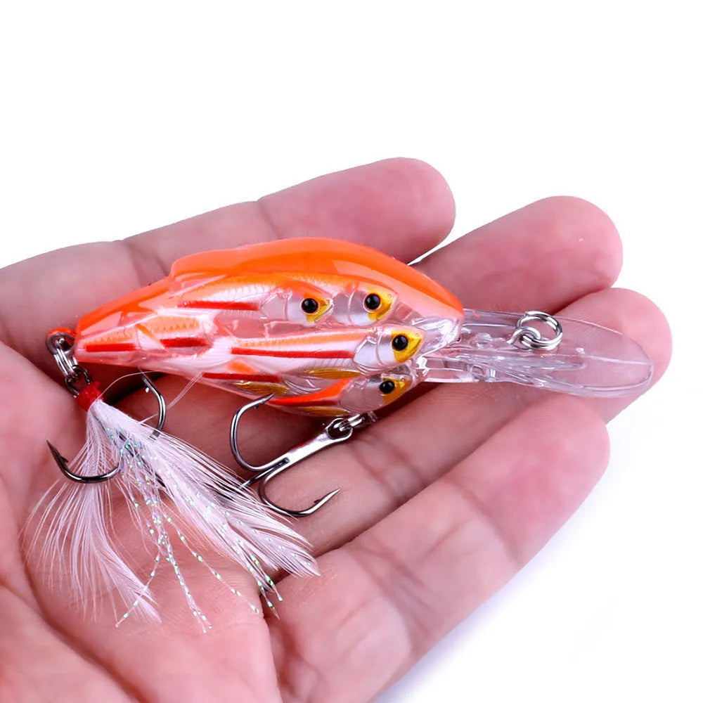 Floating hard bait fishing lure in 7.5cm 9g with feather hook, ABS plastic body, style 1 colour