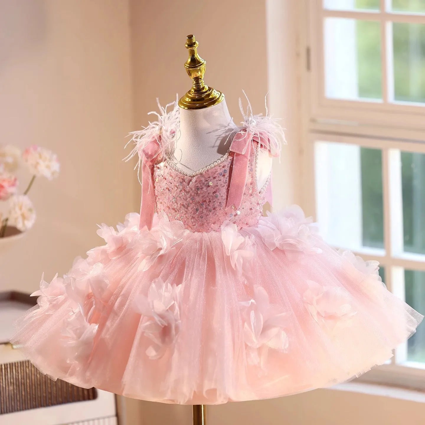 Pink polyester girls' princess dress for piano recital, suitable for height 80-150cm