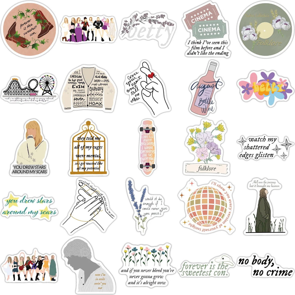 Pack of 50 colourful graffiti and cartoon waterproof adhesive stickers, 4-6cm in size.