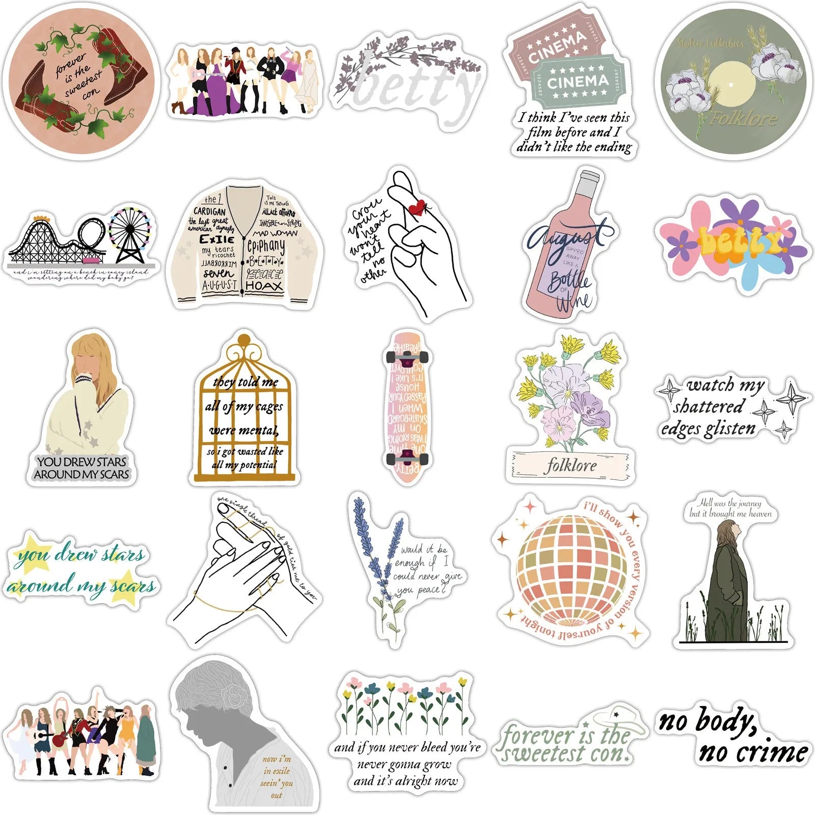Pack of 50 colourful graffiti and cartoon waterproof adhesive stickers, 4-6cm in size.