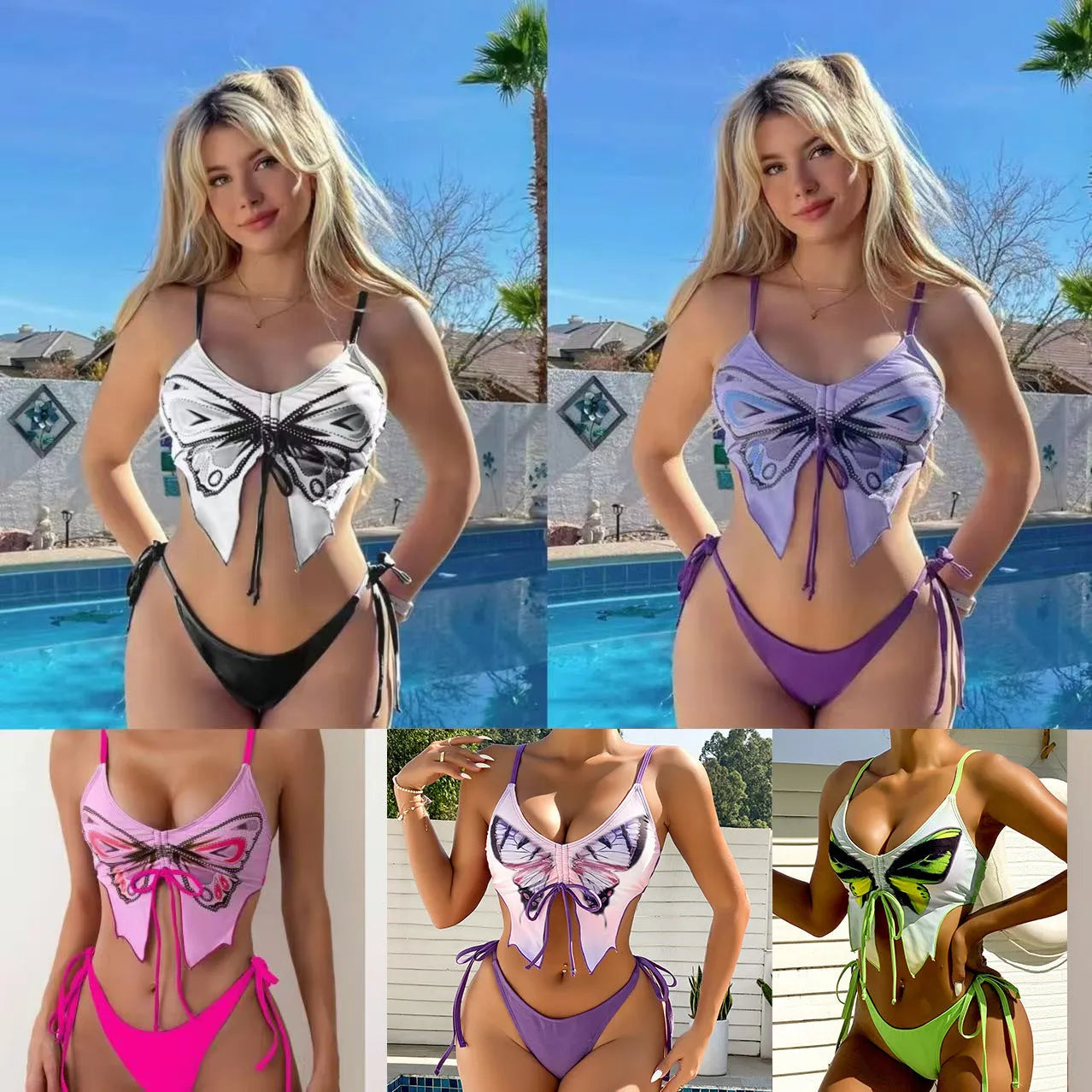 Women's purple bow style split bikini swimsuit with sleeveless top and briefs.