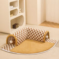 Brown plush plaid cat tunnel bed with central mat for indoor cats