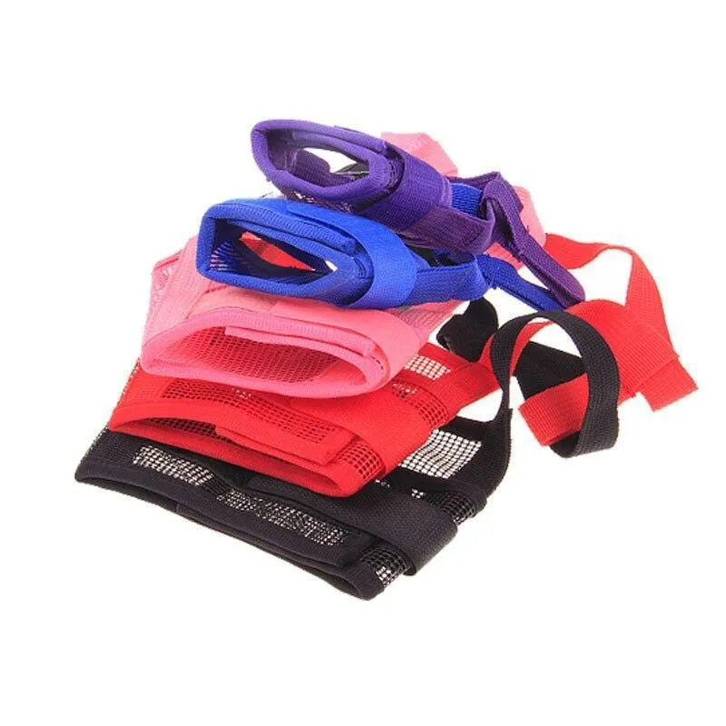 Adjustable plastic dog muzzle in multiple colours and sizes for safety and training.
