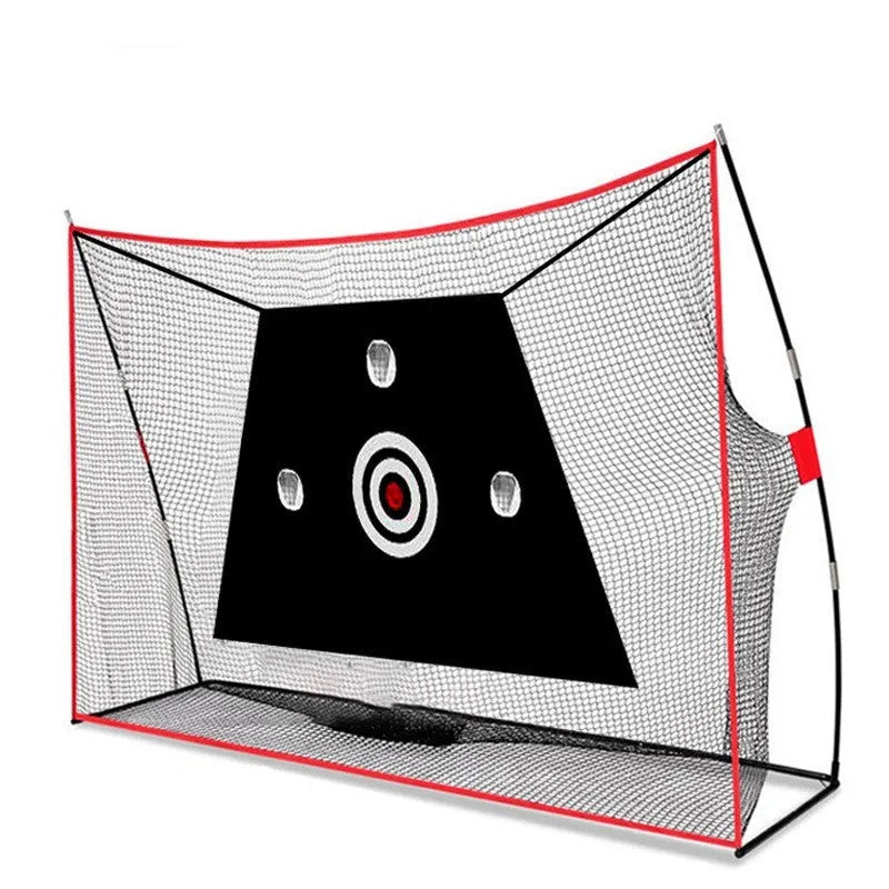 Golf swing wedge training net with 3-hole cross design and straw hitting mat