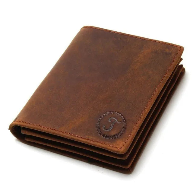 Genuine leather short vertical anti-theft swiping men's wallet in brown with saddle stitching