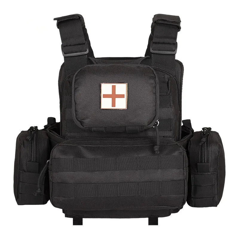 Men's camouflage pattern tactical vest made from polyester fabric for outdoor sports.