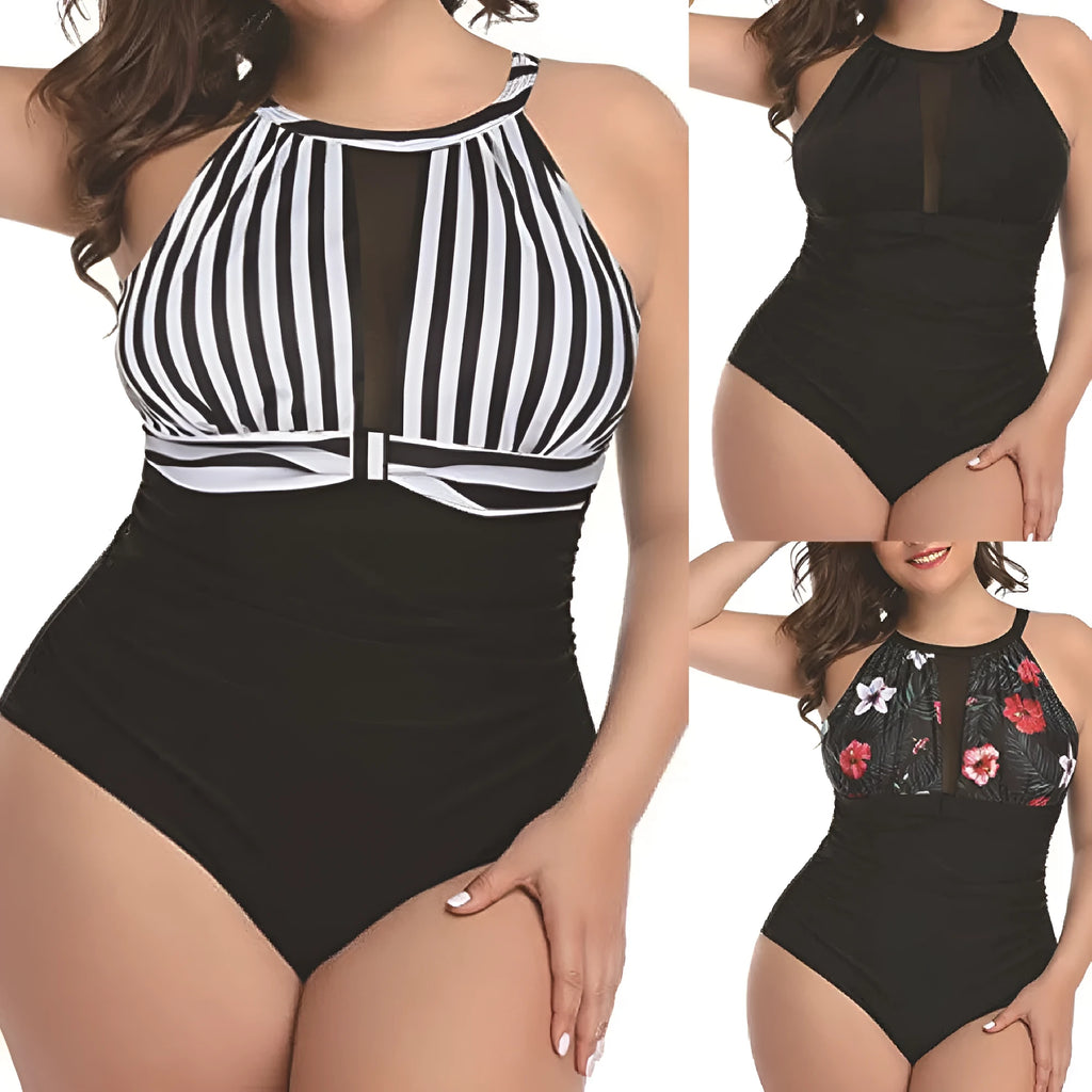 Women's black one-piece swimsuit with lace detail, shown alongside striped and red floral pattern options.