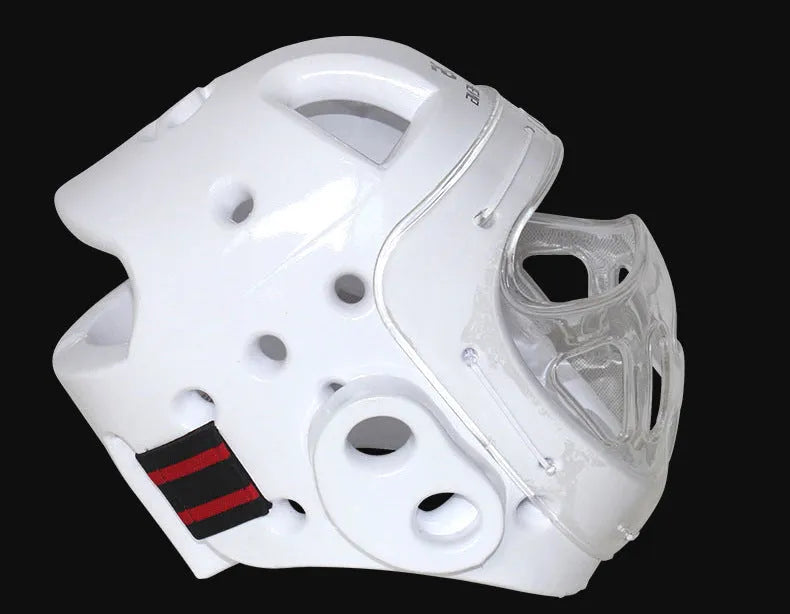 Karate boxing helmet head protection equipment in white, blue, or red colours