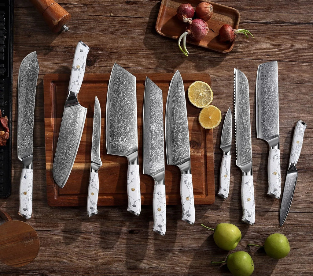 Damascus pattern VG10 steel combined chef's knife with 21cm blade on wooden surface