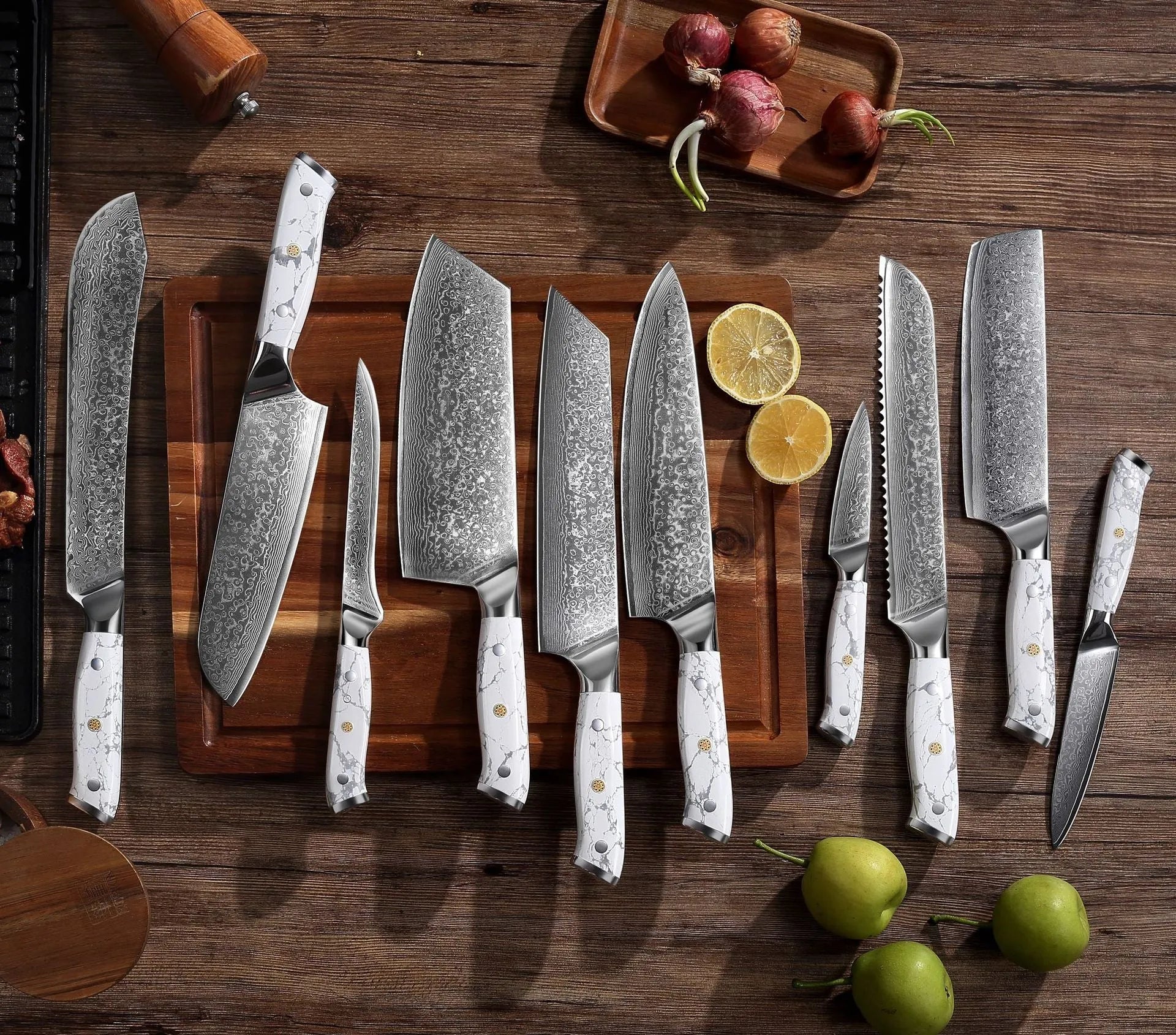 Damascus pattern VG10 steel combined chef's knife with 21cm blade on wooden surface