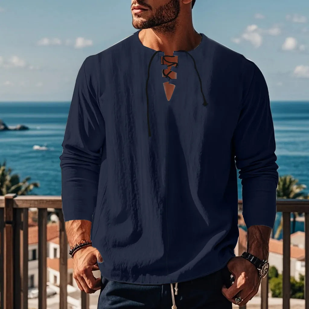 Solid colour cotton linen beach ruff shirt loose pullover style
