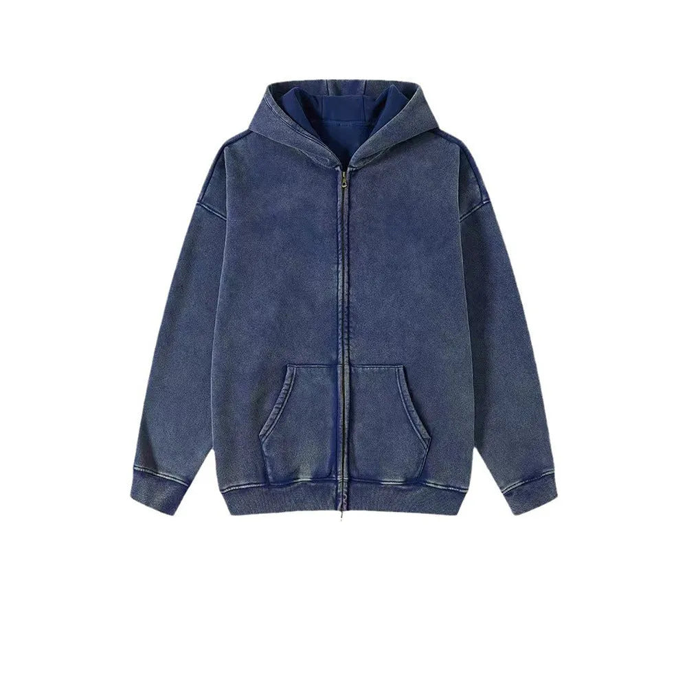 Men's washed cotton hooded cardigan with fleece lining and double zipper in vintage style