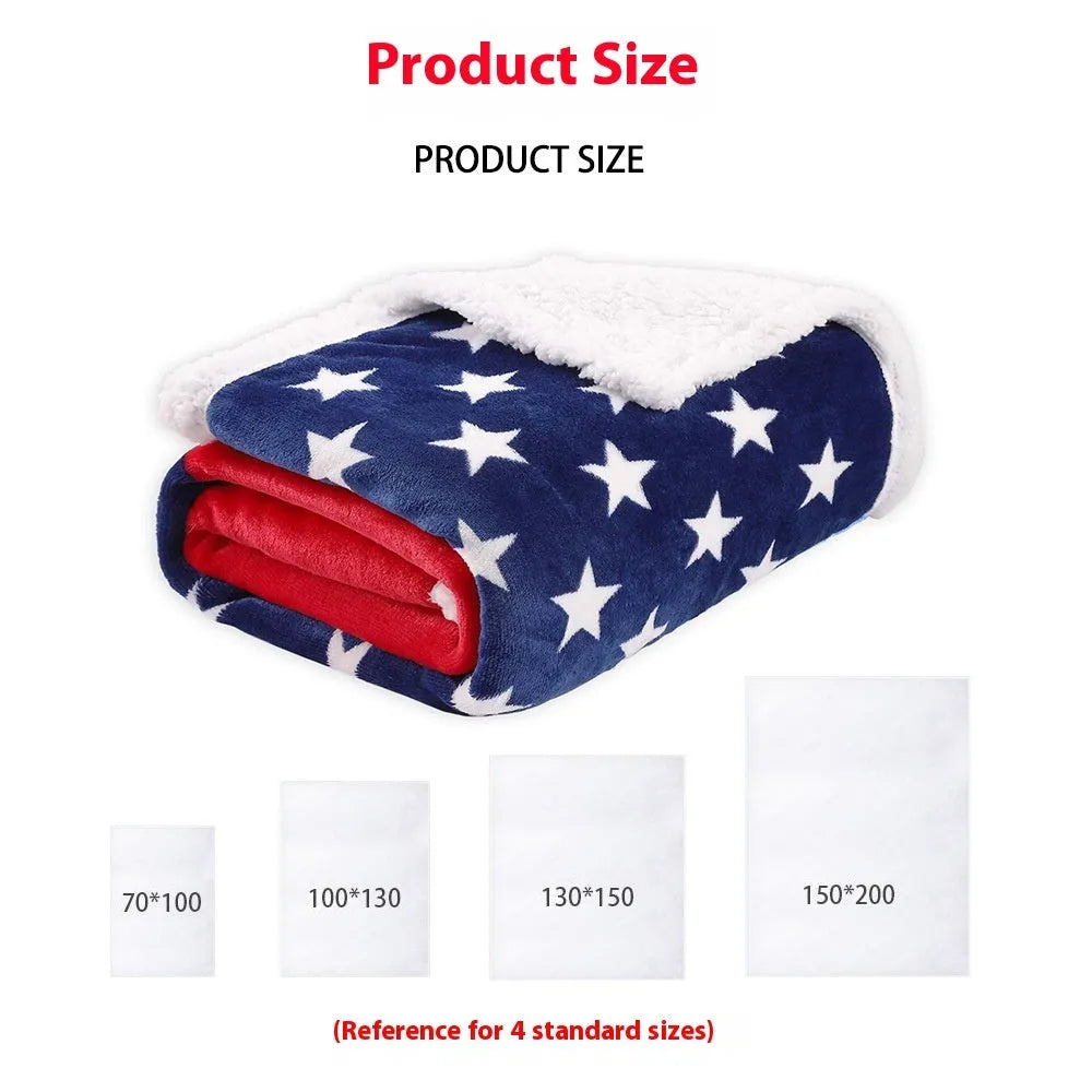 British style striped polyester blanket in vacuum shrink packaging showing size options.