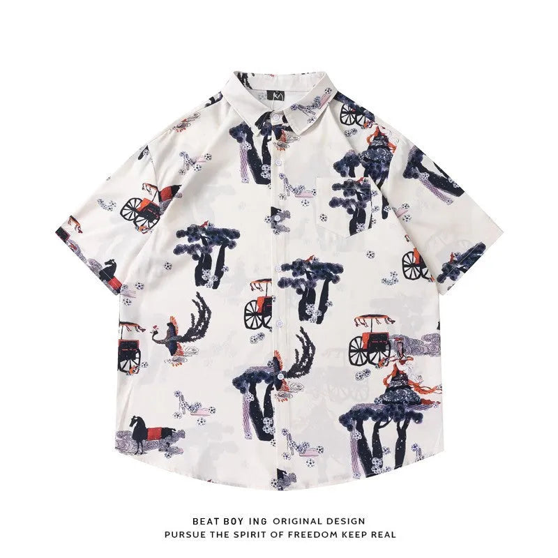 Loose fit short sleeve shirt with all-over floral print, cardigan style, in a polyester fabric.