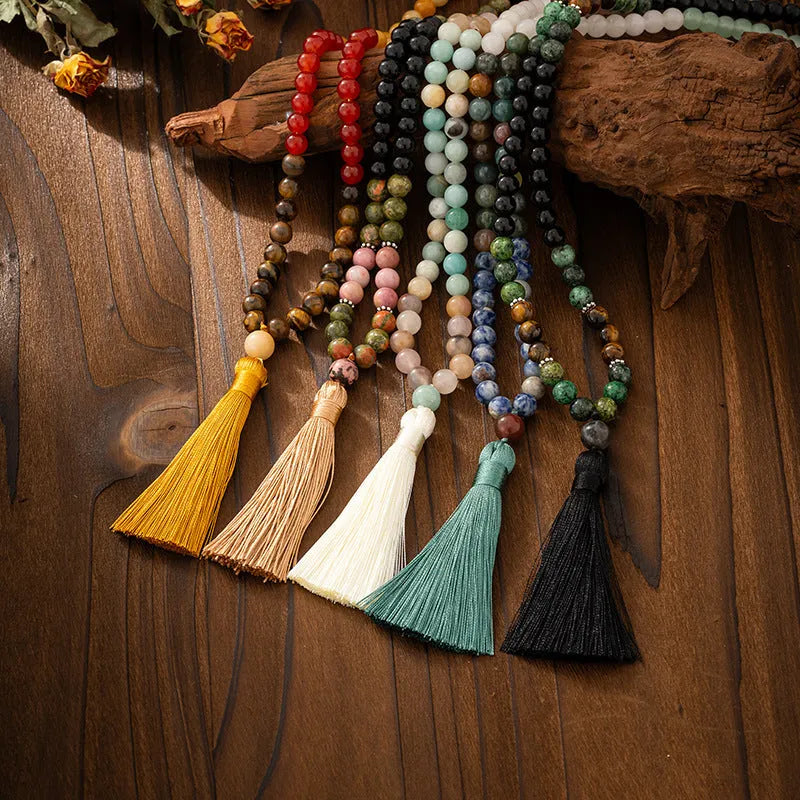 Vintage tassel bohemian beaded chain necklace and matching bracelet in natural stone with electroplated finish