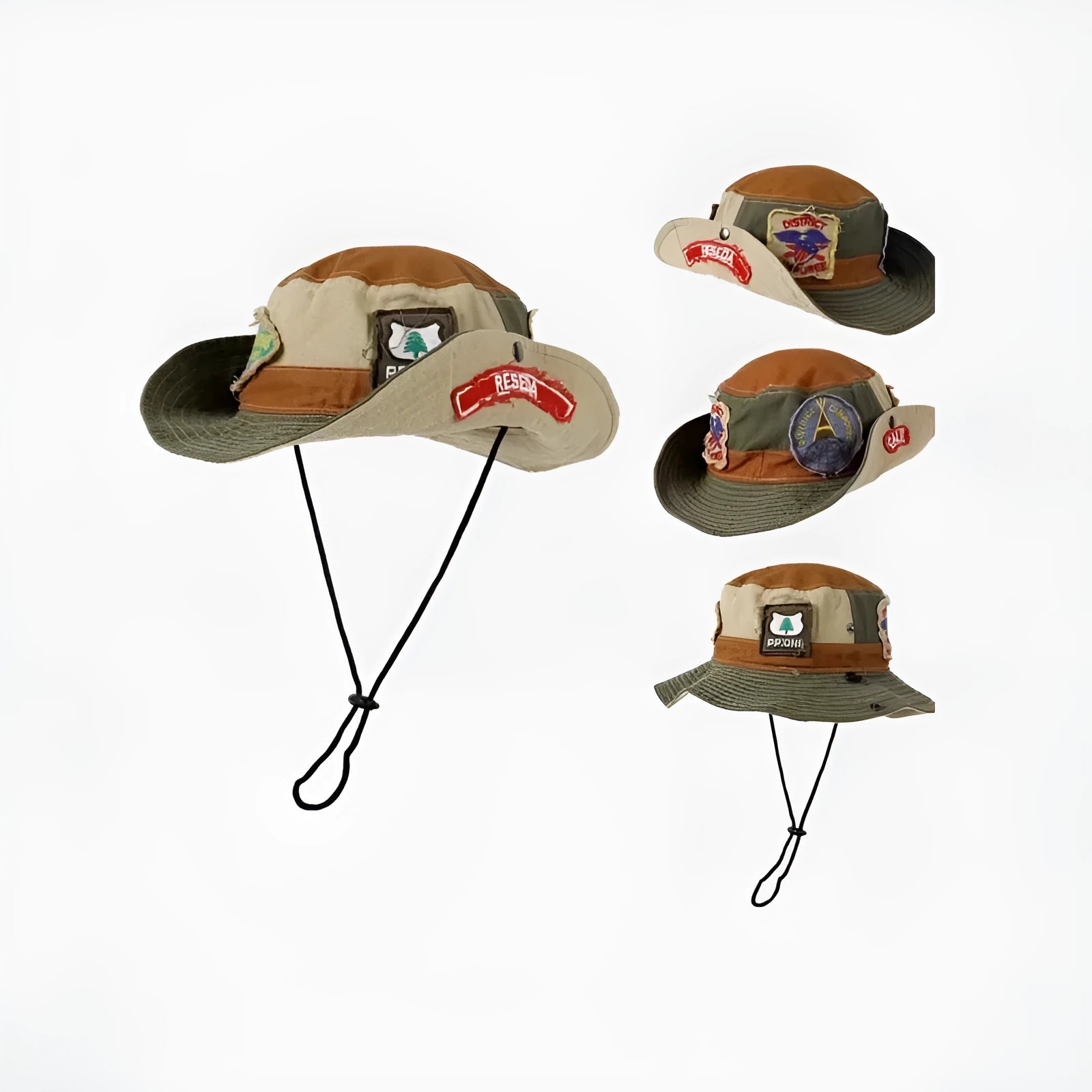 Women's army green cotton fisherman hat with patchwork design and flat top crown