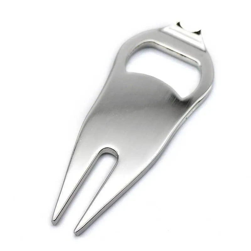 Zinc alloy golf ball yoke and bottle opener tool in black or green on a putting green.