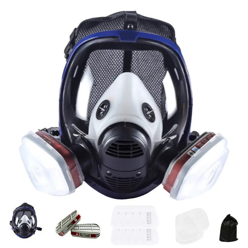 Blue edge spherical full face mask with trapezoidal canister design and KN95 filtration rating