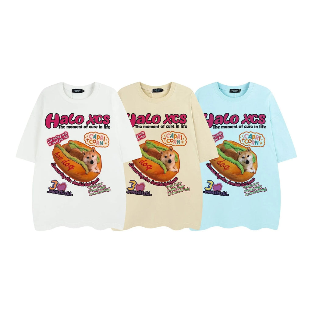 Cartoon hamburger dog printed cotton T-shirt in loose fit available in three colours