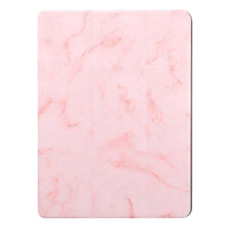 Dark grey tri-fold marbling imitation leather iPad case with a visible slot for an Apple Pencil.