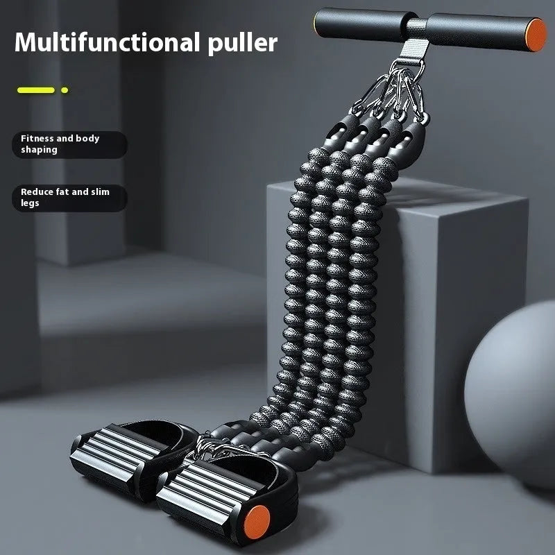Black pedal chest expander with spring steel frame and auxiliary rope for home slimming belly and weight loss fitness.