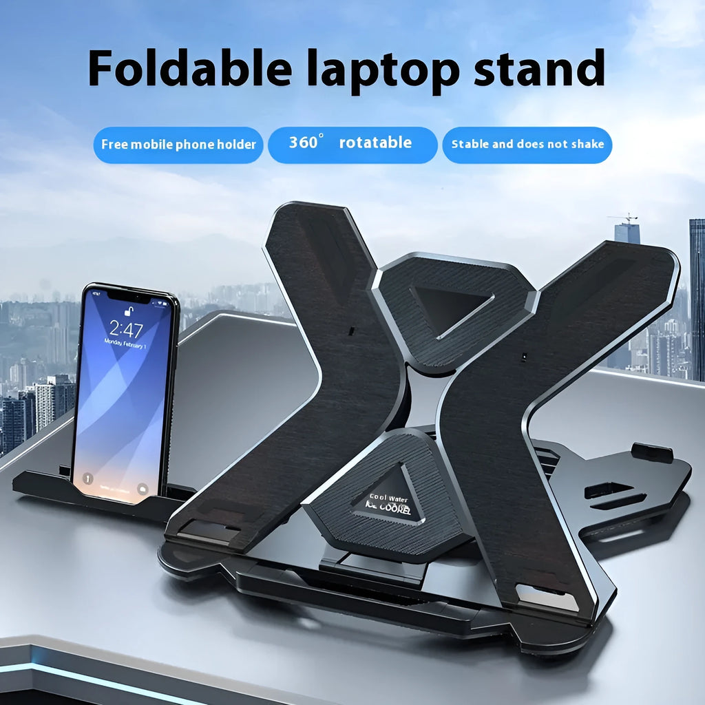 Black ABS plastic laptop lifting bracket with integrated phone holder on a wooden desk