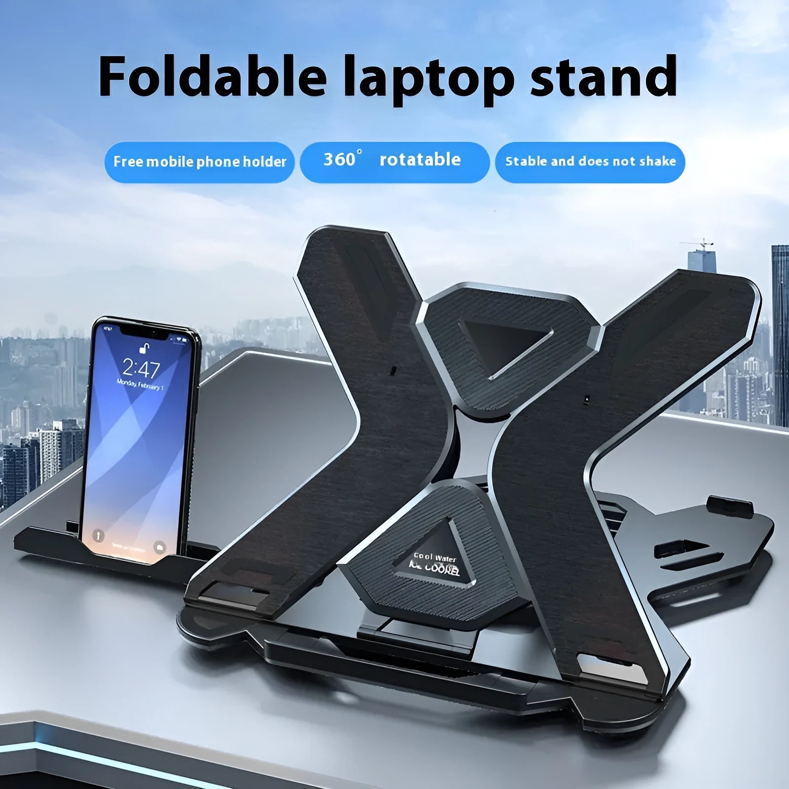 Black ABS plastic laptop lifting bracket with integrated phone holder on a wooden desk