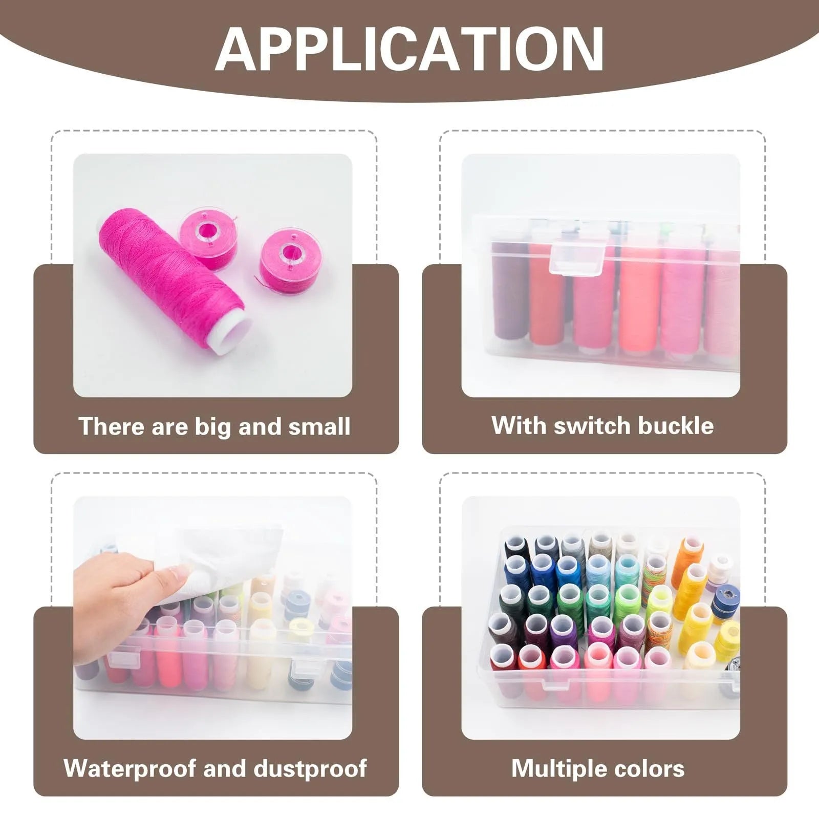 Transparent plastic sewing storage box with 42 removable compartments for organising threads and needles.