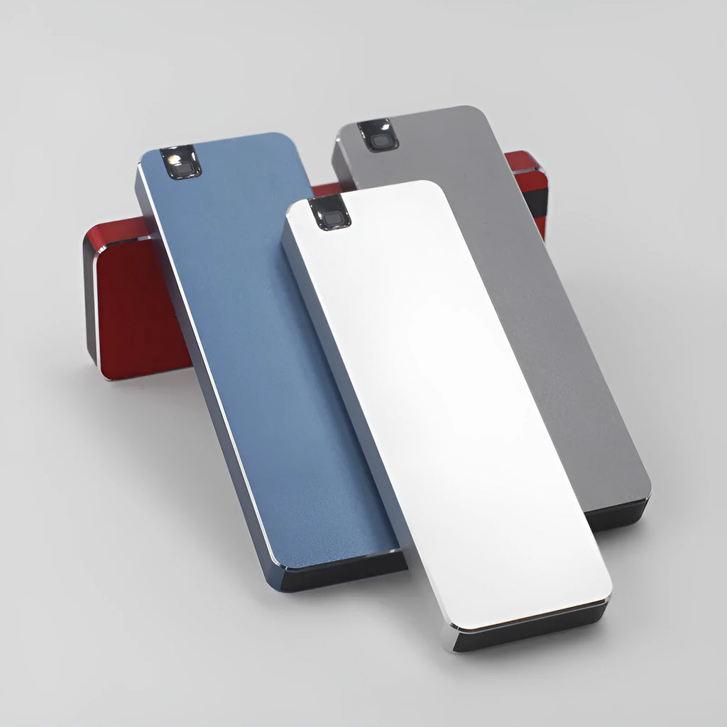 Portable solid state hard drive with metal casing in multiple colour options including black grey, blue, red, silver, and white
