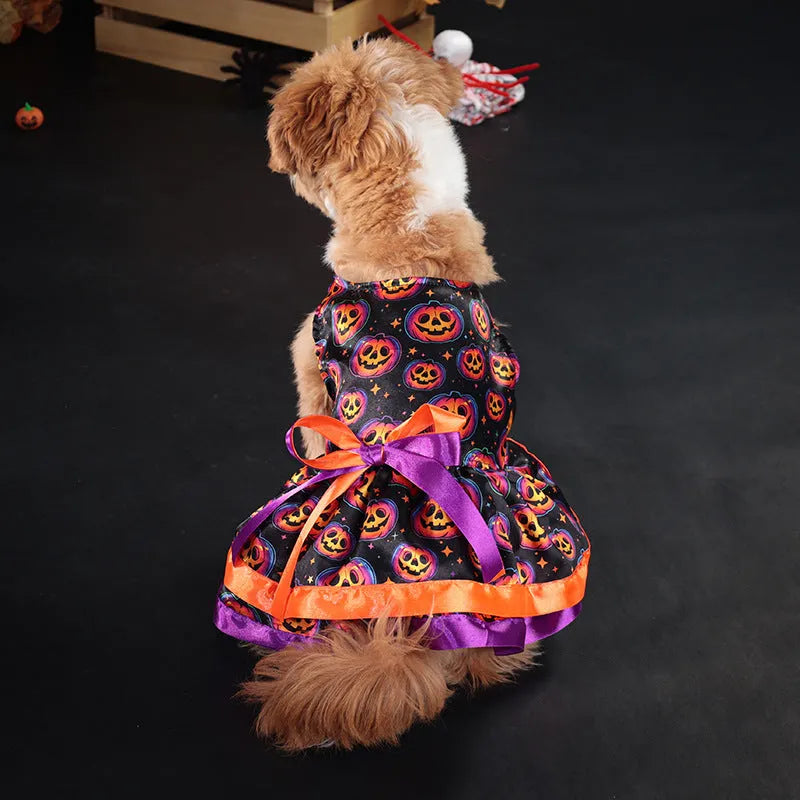 Halloween dog skirt with colourful pumpkin print, double-layer design