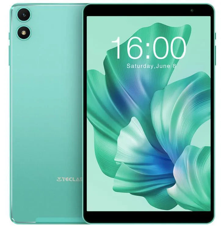 Green Android 13 tablet with 8-inch HD screen, eight-core processor, 4GB RAM, and 64GB storage showing front and dual cameras