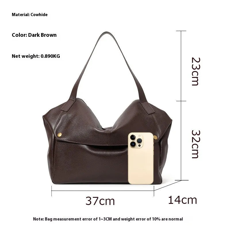 Brown genuine leather women's commuter shoulder bag with horizontal square shape and shoulder strap