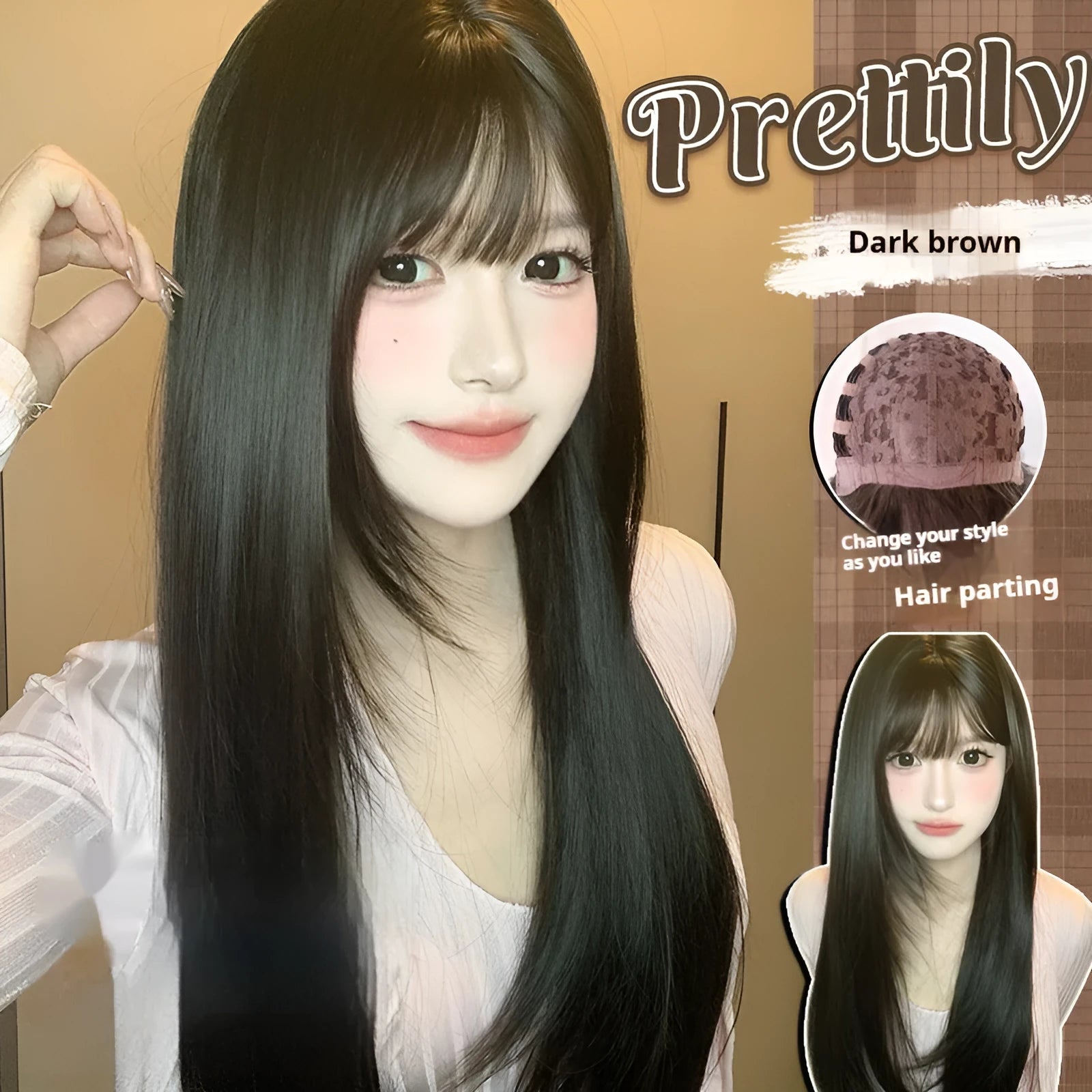 Dark brown long straight synthetic wig with a fringe on a wig head stand.