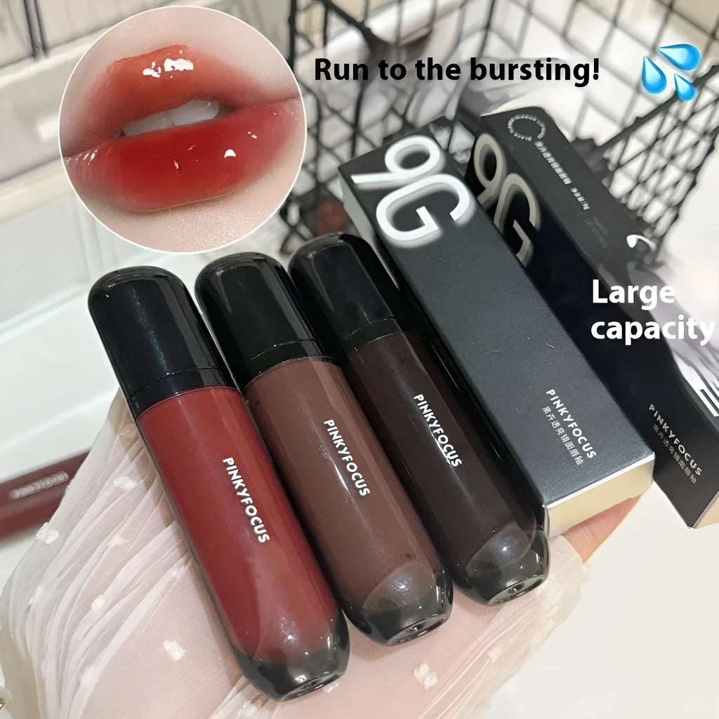 Black Shiny Makeup Mirror Lip Lacquer set showing six shades: black tomato, orange brown, bean paste, rose, red, and sweet potato.