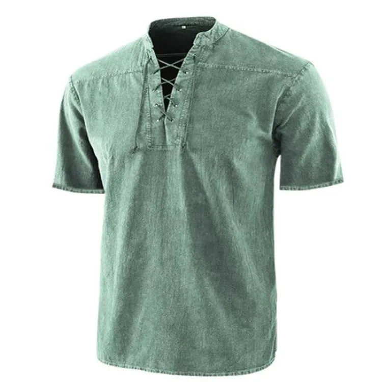 Men's retro short-sleeve shirt with tie collar lace-up detail in solid colour, loose fit, available in multiple colours and sizes.