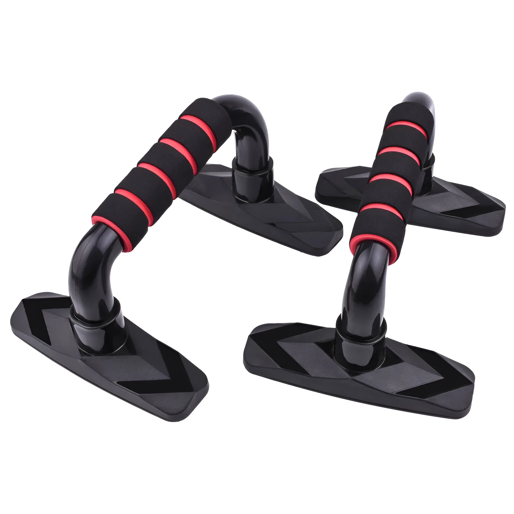 A pair of diamond-shaped push-up bars with blue PP sponge handles on a gym floor.