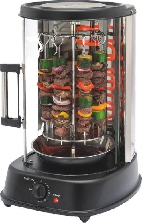 Black electric rotisserie oven with 21L capacity and 1500W power, showing whole chicken on spit