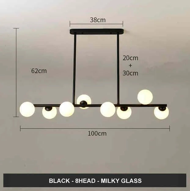 Modern Nordic glass bubble chandelier with iron frame, black finish, clear glass shades, 8 arms, warm light