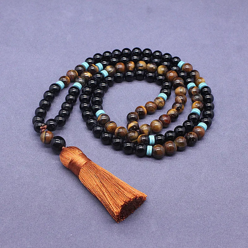 Black agate bracelet and tiger shape stone necklace set with geometric designs