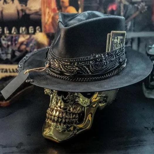 Handmade wool felt skull hat with conical crown and denim-style pattern