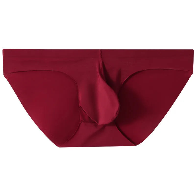Men's black ice silk seamless briefs with a mid waist and a supportive front pouch design